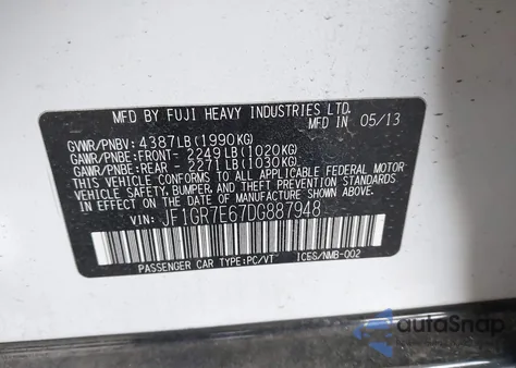 2013 Subaru Impreza Wrx из США, поврежденный, VIN JF1GR7E67DG887948